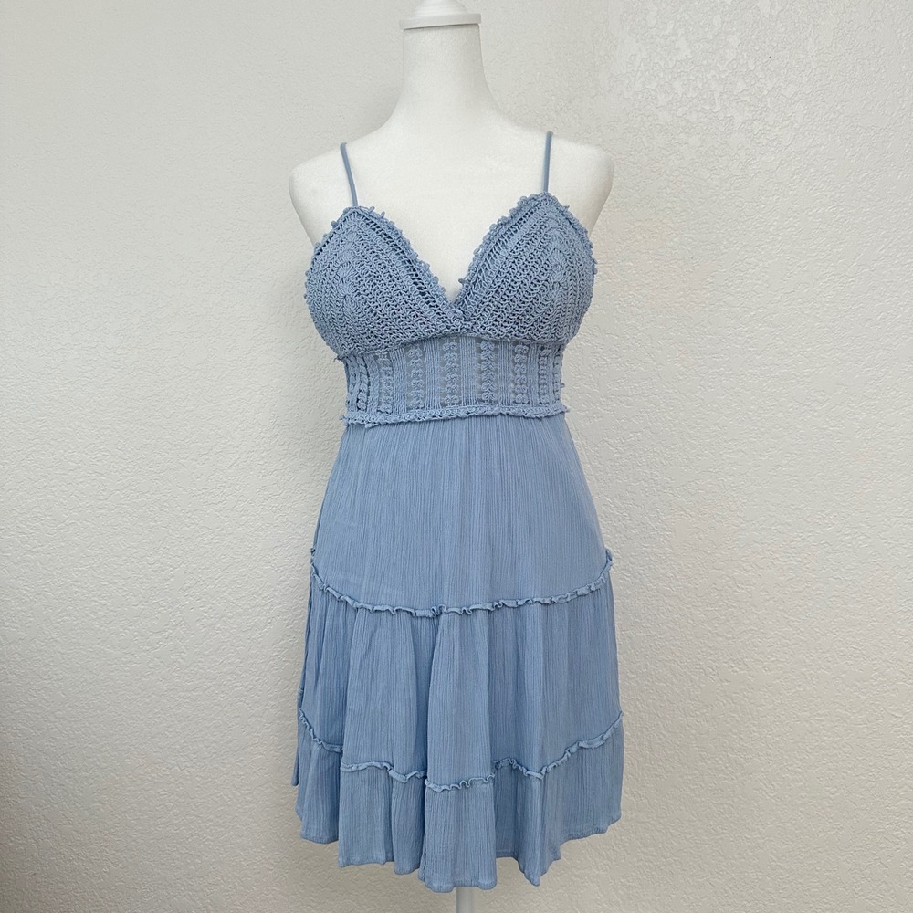 Blashe Crochet Bodice Lace Mini Dress Small Blue Tiered Ruffle Tie Back Cottage